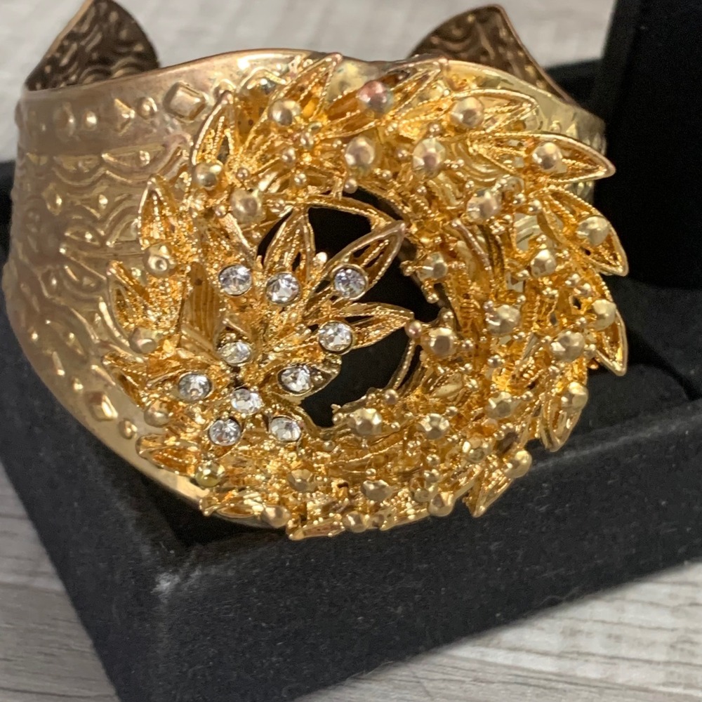 Gold Tone Ornate Floral Wreath Rhinestone Cuff Bracelet Textured Wide Band